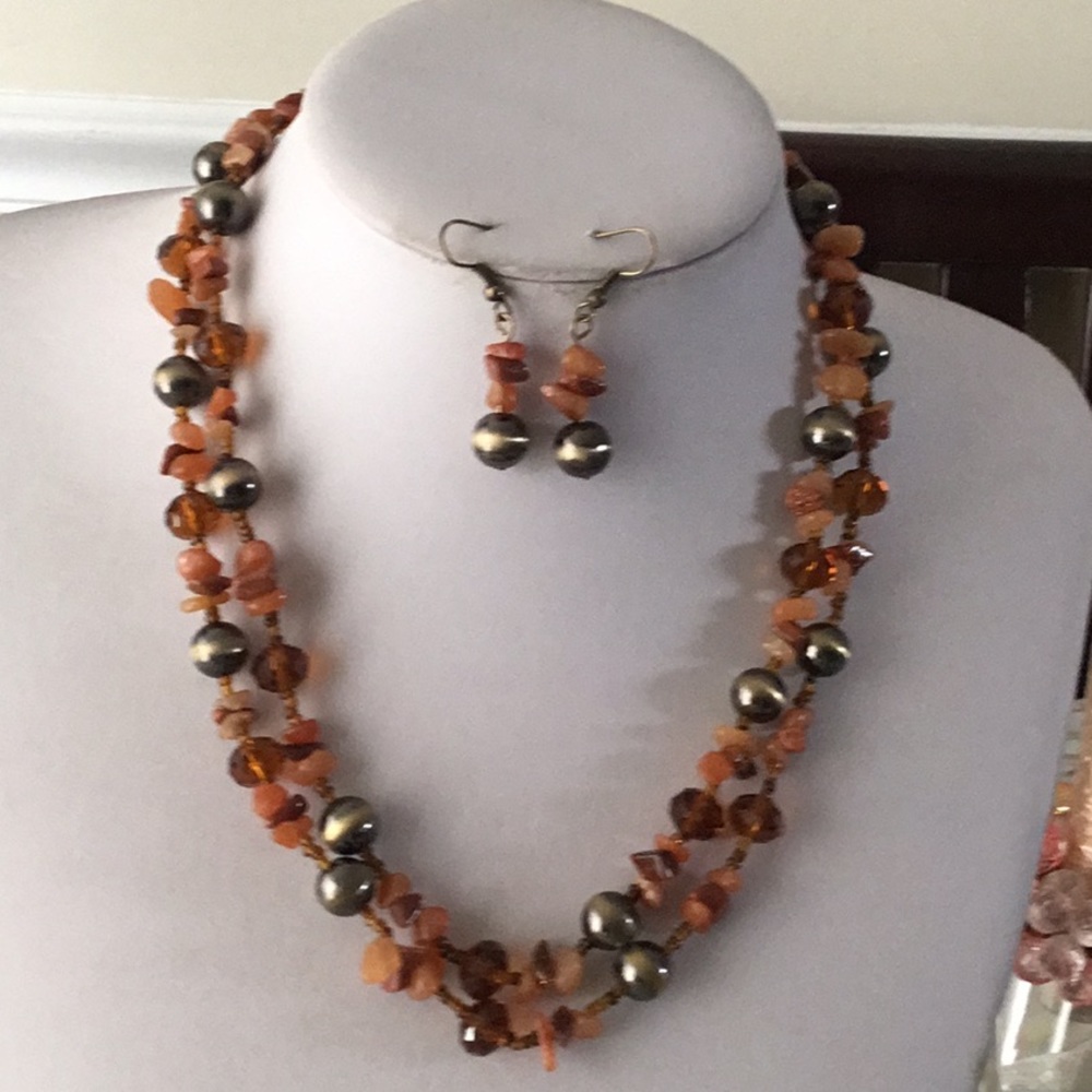 Two layers multi brown bead necklace earring set